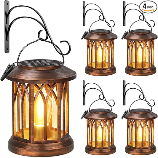 Solar Lanterns Outdoor Waterproof 4 Pack, Upgraded Solar Lantern Outdoor Lights with Metal Hooks Kit, Hanging Solar Lights for Outside Decorative Patio Yard Path Porch Garden Decor(Copper)