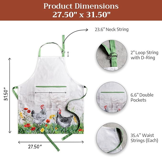 Maison d' Hermine Aprons for women with Pocket 100% Cotton (27.50"x31.50") | Adjustable Neck Strap & long ties Apron Men Chef Wedding Cooking Gardening Server Maid
