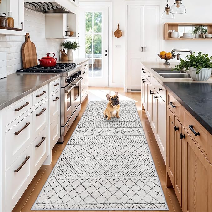 Moroccan 3x8 Runner Rug Hallway: Washable Farmhouse Non Slip Runners Grey | Low Pile Soft Kitchen Rugs - Geometric Modern Indoor Floor Neutral Carpet for Bedroom Entryway Laundry