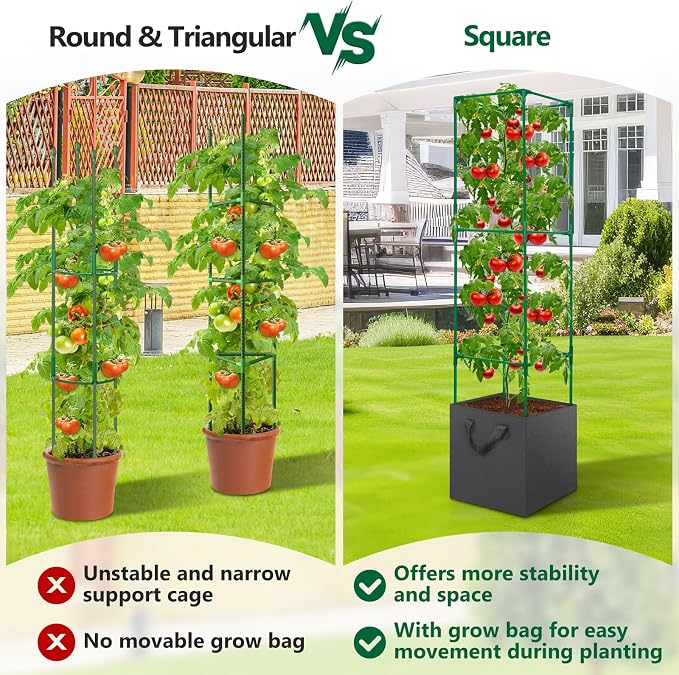 2 Pack Tomato Cages for Garden, 49 Inch Tall Tomato Cage with 7 Gallon Planter Bags, Plant Support Trellis Frames for Garden Cucumber Vegetables Plants Climbing Outdoor Indoor