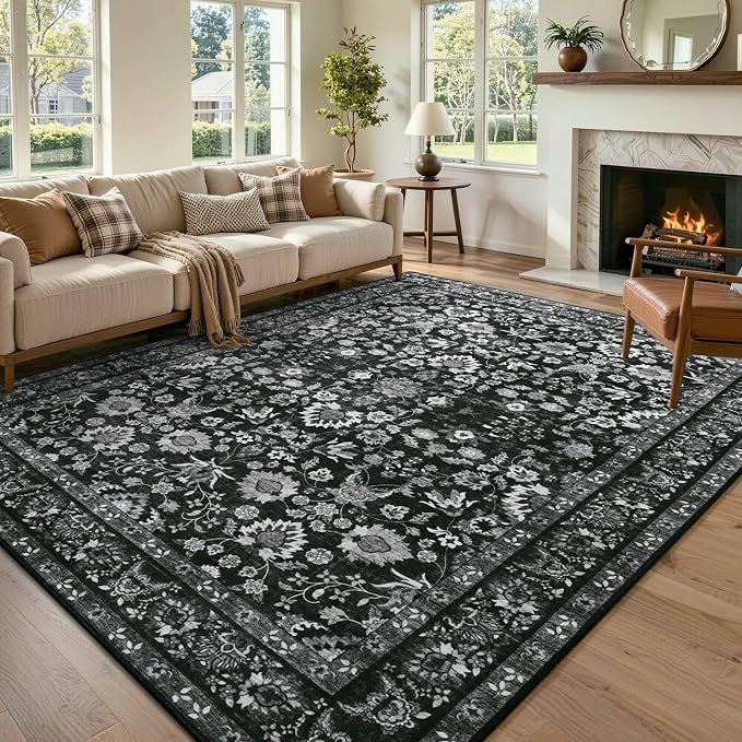 6x9 Ft Large Area Rugs for Living Room, Soft Non-Slip Machine Washable Rug, Vintage Stain Resistant Carpets for Bedroom Nursery Dining Room Home Decor (Black)