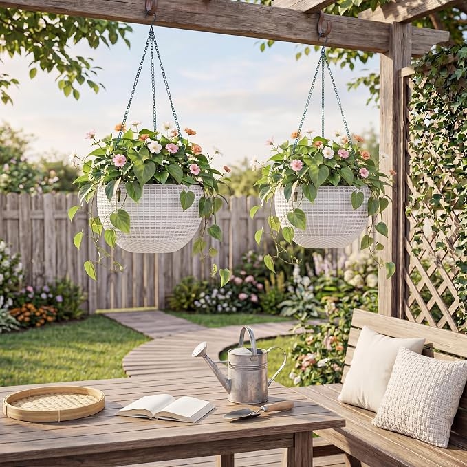 13.8 Inch Self Watering Hanging Planter, 4PCS Round Resin Hanging Basket for Indoor Outdoor Plants, Rattan Look Flower Pot with Drainage Plug, Deep Inner Pot and Sturdy Metal Triple-Chain Hanger