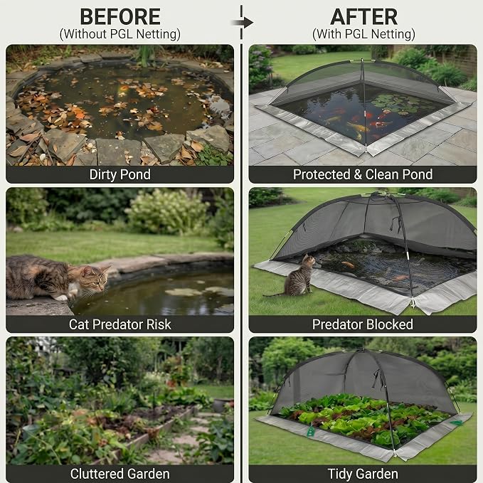 PGL Pond Cover Net Garden Dome Netting - Outdoor Protecting Tent for Fish Koi 10×8FT Zippers and Wind Ropes Protect Ponds, Gardens and Vegetable Gardens