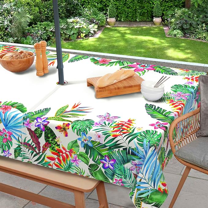 Outdoor Tablecloth with Umbrella Hole and Zipper, Rectangle Patio Table Covers for Spring/Summer, Machine Washable Outdoor Picnic Table Cloth (Tropical, 60" × 102" Rectangular)
