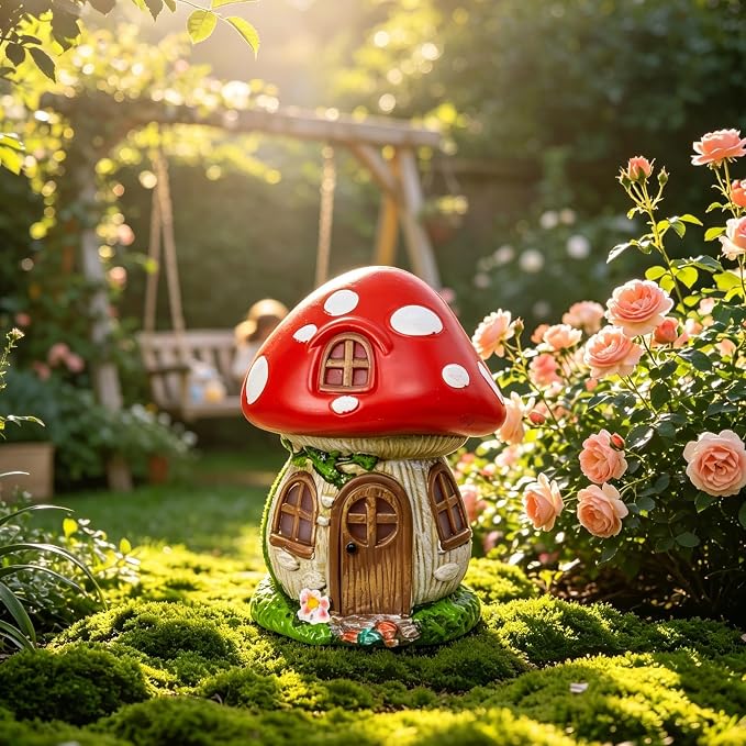 Mushroom Fairy Garden House - 11 inch Resin Fairy Garden Accessories Figurines, Waterproof Whimsical Mushrooms Garden Statue Houses for Outdoor,Outside, Lawn