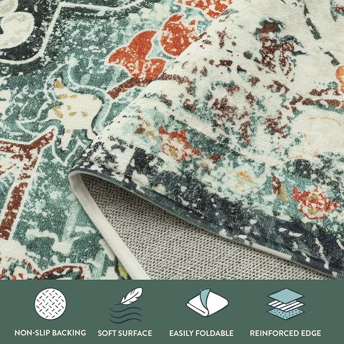 Lahome Reine Area Rugs 9x12 Living Room Boho Washable Rugs,Large Boho Rugs for Bedroom Dining Room,Floral Soft Non Slip Low Pile Throw Indoor Floor Carpet for Nursery Kids Playroom(9x12ft,Teal)