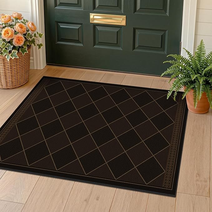Dark Brown Easy Jute 2x3 Indoor Outdoor Rug for Entryway Porch, Checkered Boho Washable Kitchen Throw Rugs, Modern Farmhouse Diamond Front Door Mat Indoor Entrance, Bathroom, Non Slip Stain Resistant