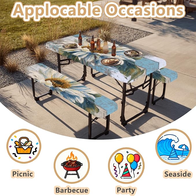 Picnic Table Cover with Bench Covers Elastic Edges, Outdoor Patio Camping Essentials 72 Inch 3PCS, Waterproof Camping Fitted Tablecloth with Handbags (Wood flower)