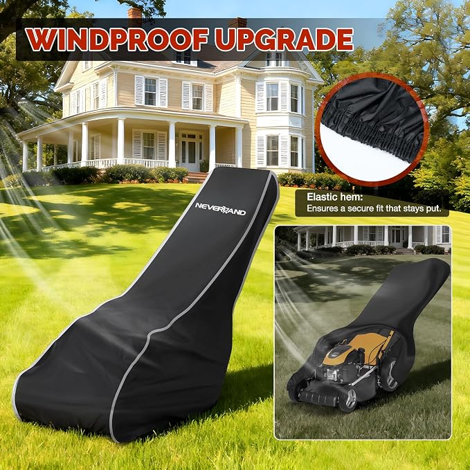 NEVERLAND Push Mower Cover - 800D Waterproof Heavy Duty for Outdoor Storage | Universal Fit Walk-behind Mowers up to 22", UV protection, windproof elastic hem, includes storage bag, protects electronics