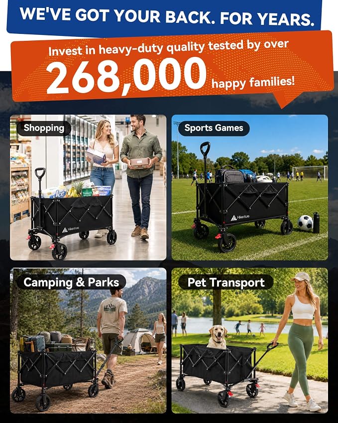 Hikenture Wagons Carts Foldable 330LBS, Heavy Duty Collapsible Wagon | Utility Wagon for Grocery, Garden, Camping & Sports Gear; One-Hand Fold; 360-Degree Wheels; Built-In Wheel Brake