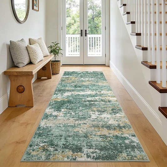 ROYHOME Abstract Runner Rugs Green for Kitchen Hallway, 2x10 | Non Shedding Rug Low Pile Stain Resistant for Bedroom Hallway Kitchen