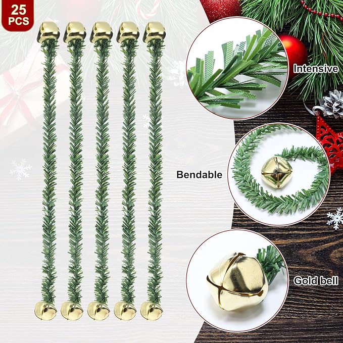 25 Pcs 20 Inches Christmas Garland Ties with Bells Decorative Twist Ties Garland Hanger for Banister Stairs Railing Garden Reusable Flexible Twist for Xmas Holiday Decorations (Gold)