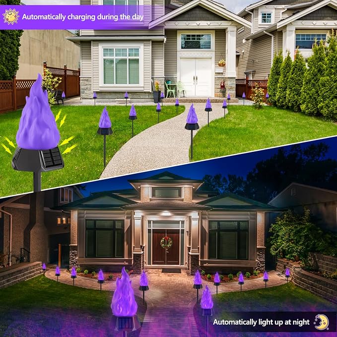 Toodour Solar Outdoor Torch Lights with Flickering Flame, 4 Pack Solar Pathway Decorative Lights, Waterproof LED Flame Torches for Outdoor Camping Garden Landscape Patio Path Yard Decorations - Purple