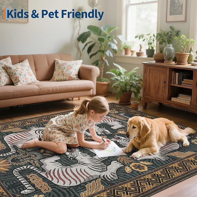 GarveeHome Tiger 8x10 Area Rugs Boho Washable Vintage Non Slip Living Room | Blue Rugs for Bedroom, Vintage Tribal Soft Animal Print Throw Rug Ultra Thin Stain Resistant Floor Carpet for Office