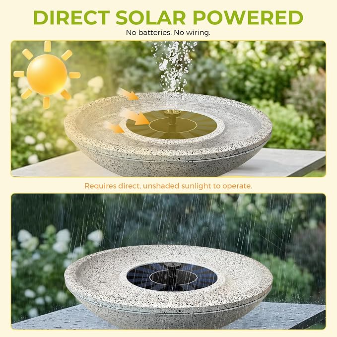 Solar Fountain Bird Bath of Outside Faux Rock Granite Look 12.5" Tabletop Water Bowl with 6 Nozzles Bird Bath Bubbler for Hummingbird Wild Birds Outdoors Garden Patio Lawn