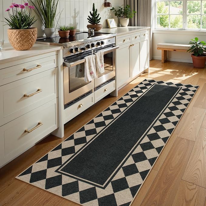 Moynesa Easy Jute Hallways Runner Rugs Washable 2x6 Entryway Rug Runners for Kitchen Black Checkered Indoor Outdoor Carpet for Entryway Patio, Diamond Grid Mat for Bathroom Bedroom Laundry