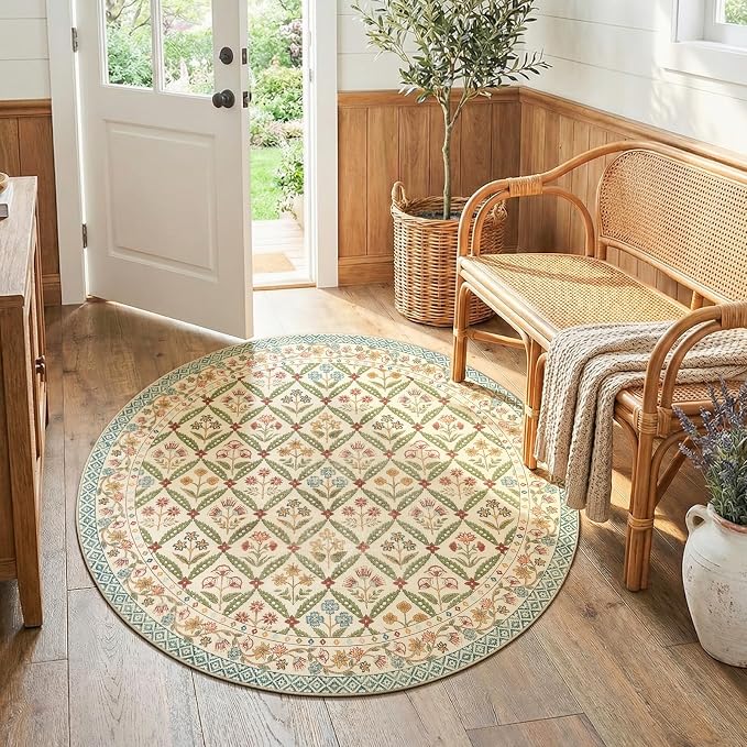 jinchan Round Rug 5ft Vintage Floral Washable Circle Area Rug, Teal Blue | Soft & Lightweight, Checkered Floral, Low Pile, Non Slip, Bedroom, Living Room, Entryway, Girls Room, Reading Nook