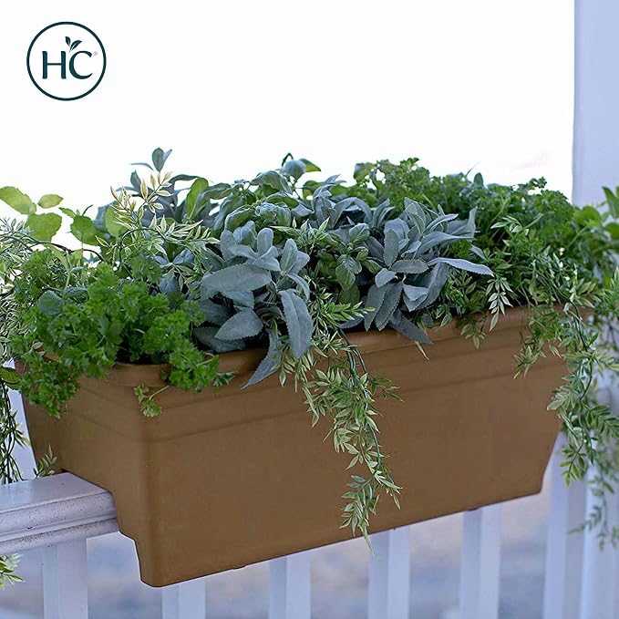 The HC Companies 24 Inch Deck Rail Planter Box with Drainage Plug, Lightweight UV-Resistant Plastic Outdoor Planters for Wood Deck Rail, Flower Box for Garden, Patio, Balcony, and Fence, Chocolate