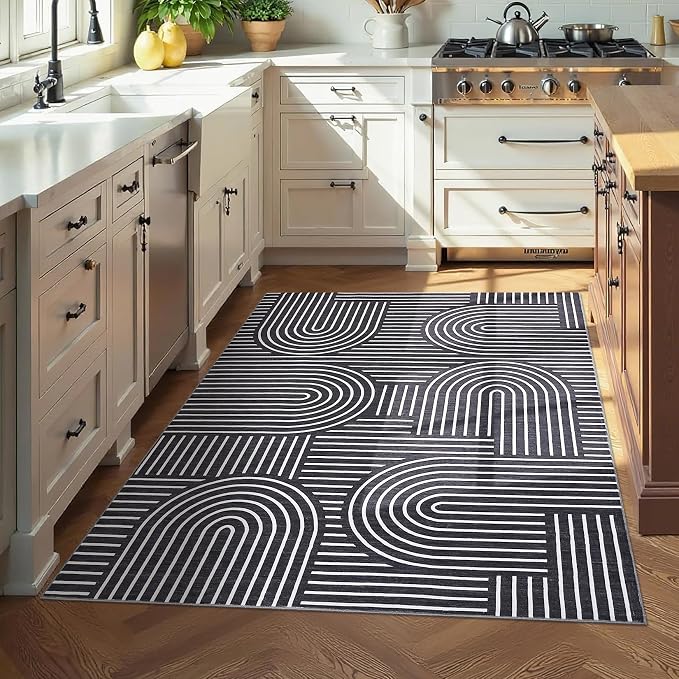 ROYHOME Modern Washable Rug 3x5 Area Rugs for Living Room Non Slip, Black | Abstract Rug for Bedroom, Rainbow Throw Rugs with Rubber Back, Low Pile Stain Resistant Geometric Carpet for Playroom Dorm