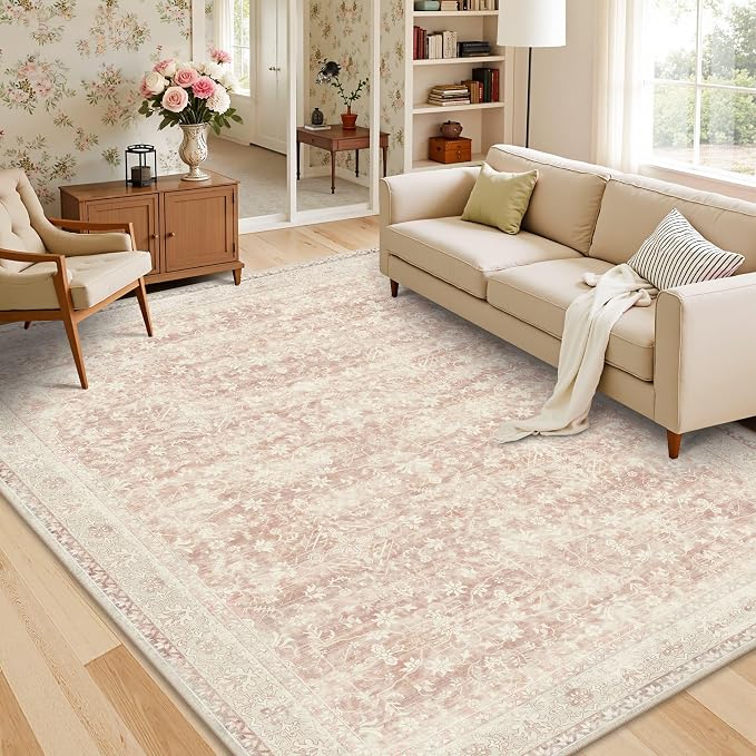 Latte&Fog Pink Rugs for Girls Bedroom Washable 6x9 Area Rug for Living Room | for Dining Kitchen Kids Nursery Playroom Guest Room Classroom Dorm Farmhouse Office, Non Slip Low Pile Soft Floral Carpets