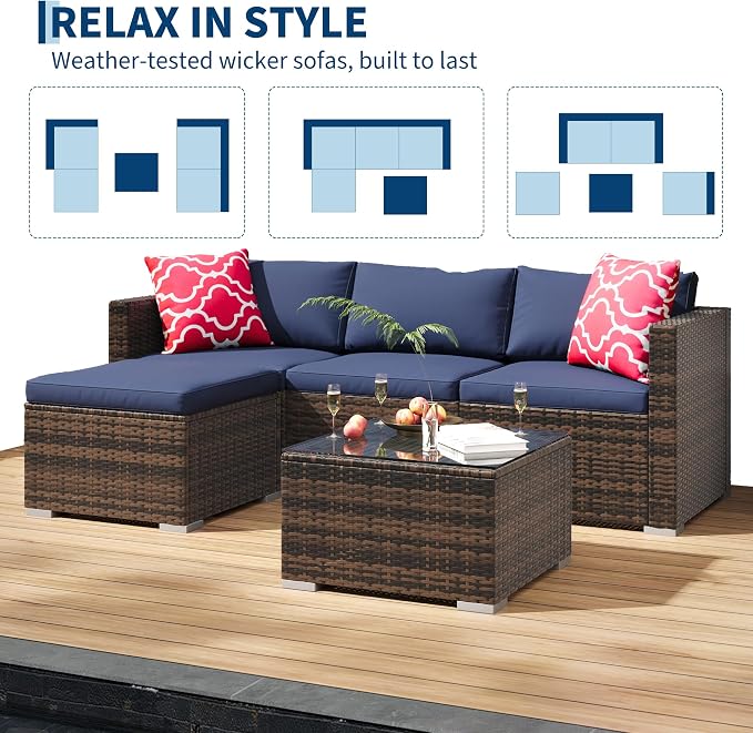 5-Piece Outdoor Sectional Sofa Set, All-Weather PE Rattan Patio Furniture with Ottoman & Tempered Glass Table, Convertible Garden Couch for Backyard, Porch, Poolside (Brown/Dark Blue)