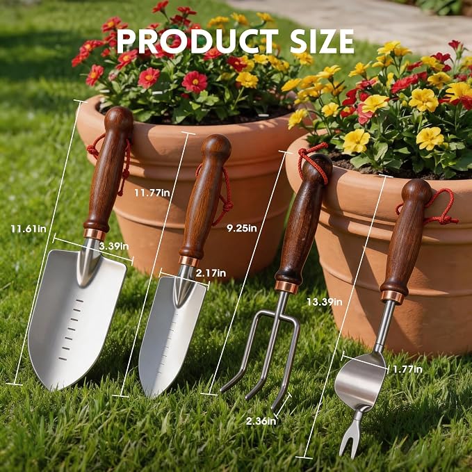 Garden Tools, 4 Pack Garden Shovel with Wooden Handles Hand Tools with Transplanting Hand Shovel, Rake and Root Picker Ideal for Digging and Planting