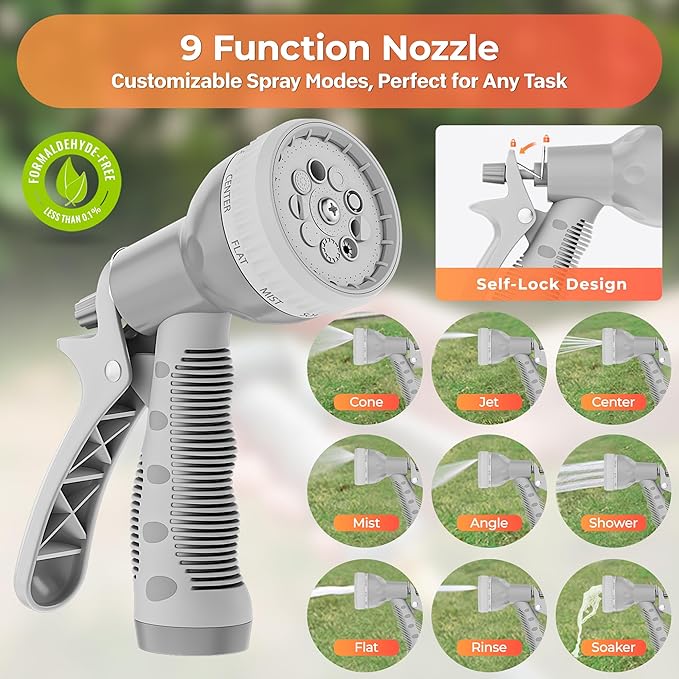 Ayleid Retractable Rubber Hybrid Garden Hose Reel, 1/2"x100ft Wall Mount | Anti-freeze, kink-free premium rubber hybrid hose, 24-month warranty, 9-pattern sprayer, any-length lock, slow auto-return.