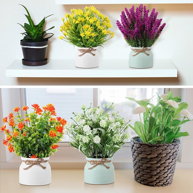 Cindeer 4 Pcs Large Artificial Potted Flowers Fake Potted Plants Plastic Faux Flowers for Home Decor Indoor Artificial Plants in Pots for Wedding Home Desk Tabletop Outdoor Office Kitchen (Vintage)