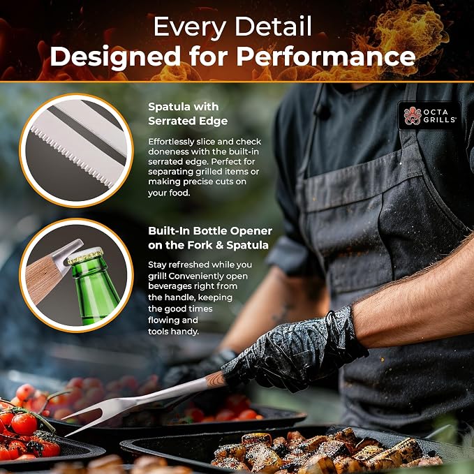 3-Piece BBQ Utensil Set – Premium Stainless Steel Grill Tools with Extra Wide Spatula - Pakka Wood Handles & Leather Hanging Loops (Spatula, Tongs & Fork)