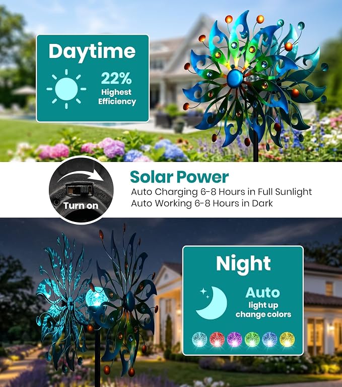 87" Large Solar Wind Spinners Outdoor, Peacock Metal Garden Decor | Handcrafted,Large,Solar-Powered Color-Changing,Rust-Proof,Weather-Resistant,Heavy-Duty,Tool-Free Assembly,Peacock