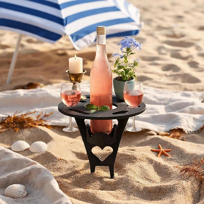 Foldable Wine Table Outdoor, Portable Mini Wooden Picnic Table Wine Glass Holder for Beach BBQ Camping Yard Lawn Party