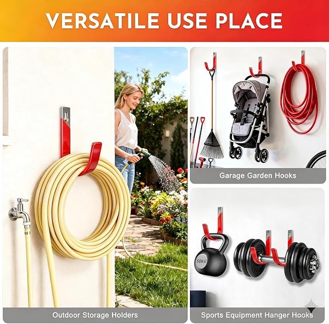 Heavy Duty Metal Garage Hooks Wall Mount 2 Pack, Garage Hanger Utility Storage Hooks for Outside, Hose Rack Suitable for Garage,Garden and Yard,Red