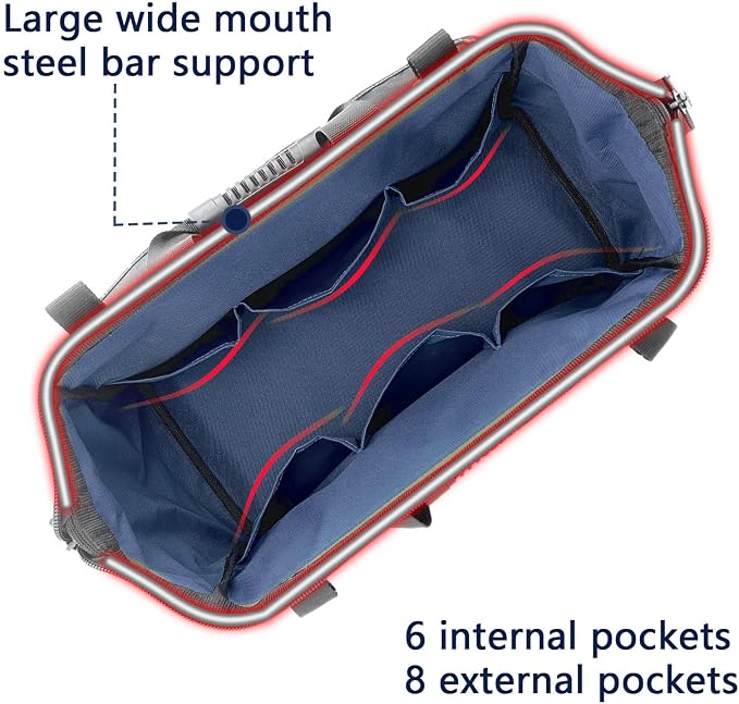 16-inch tool box Non-slip feet adjustable shoulder strap 14 functional insert pockets,large capacity Men's heavy-duty toolbox,for electricians, carpentry,gardening (Cyan Blue)
