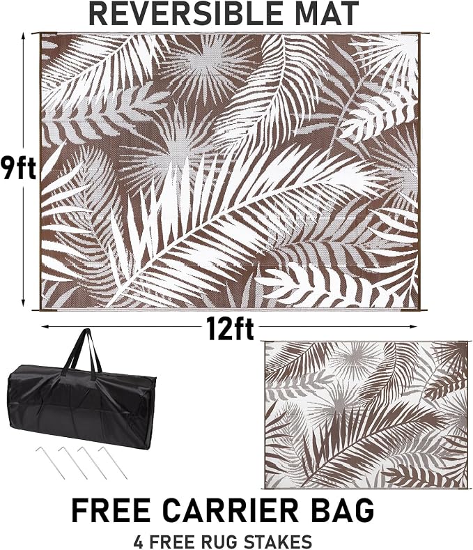 Outdoor Rugs 9'x12' for Patios Clearance Brown Reversible Outdoor Rug, Outdoor Plastic Straw Rug RV Camping Rug Large Outdoor Mat for RV, Patio, Backyard, Deck, Picnic, Beach, Trailer, Camping