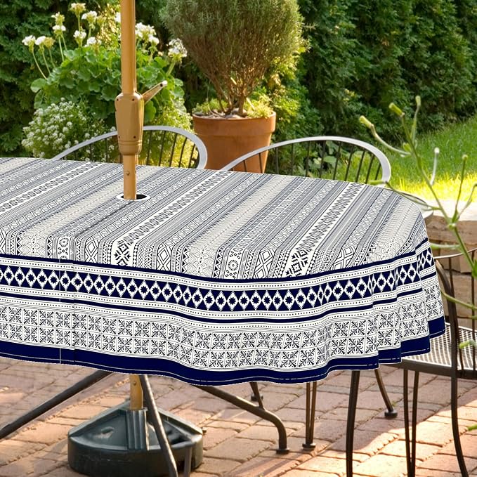 Outdoor Tablecloth with Umbrella Hole and Zipper, Oval Patio Table Covers for Spring/Summer, Machine Washable Outdoor Picnic Table Cloth (Boho, 60" × 84" Oval)