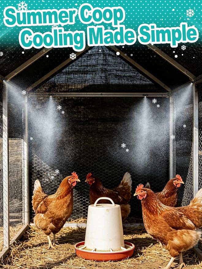 Pre-Assembled Chicken Coop Misting System for Cooling - Leak-Resistant Mist Hose Kit for Summer Poultry Heat Relief, Included 16.4ft Line, 3/4" Adapter, 4 Brass Nozzles, Filter Gasket Accessories