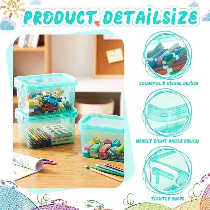 Wenqik 6 Pack Colorful Plastic Storage Bins with Lids 4 Quart Small Storage Latch Box Stackable and Nestable Clear Organizer Bins with Latching Handle and Buckle for Organizing (Teal)