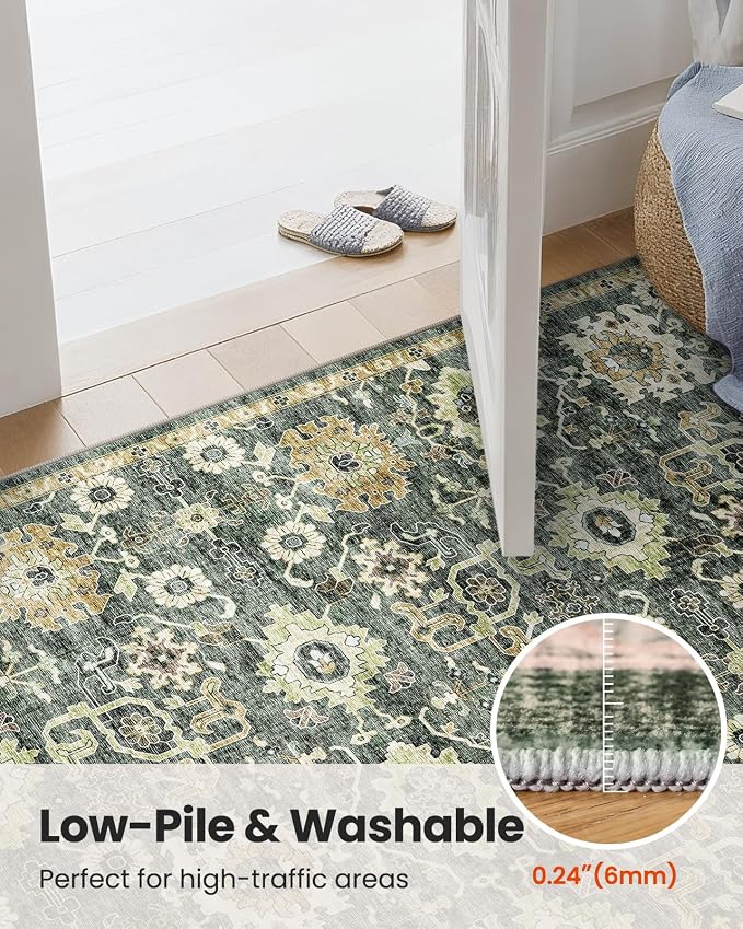 AMADA HOMEFURNISHING 10x14 Washable Area Rug, Low-Profile Large Area Rug with Non-Slip Backing & Durable Edge Binding, Vintage Large Rugs for Living Room, Bedroom & Dining Room