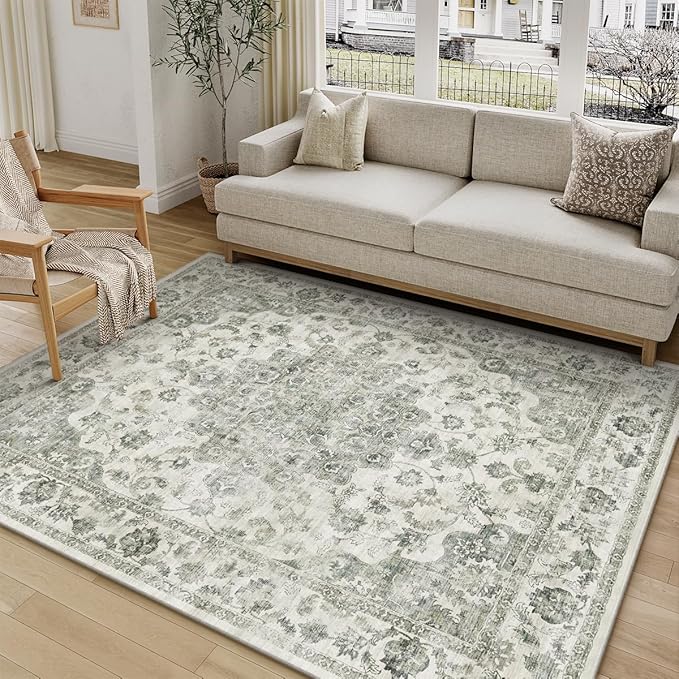 5x7 Green Neutral Area Rug | Washable, Non Slip, Soft Low Pile, Vintage Farmhouse, for Living Room Bedroom Dining Room Office Indoor Home Decor