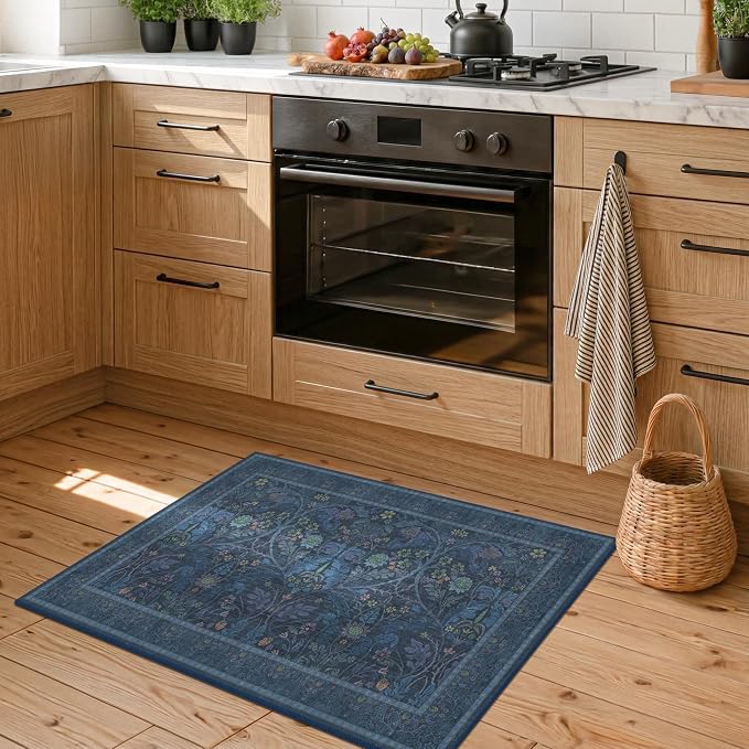Blue Small 2x3 Entryway Rugs Indoor, Oriental Floral Kitchen Mats Non Slip, Thin Bathroom Rugs Fit Under Door, Low Pile & Soft Carpet for Mudroom, Bedroom Beside Bed