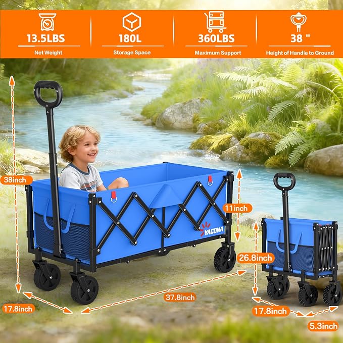 35" L Extra Long Wagons Carts Foldable, 360LBS Heavy Duty Collapsible Wagon with Wheels, Folding Wagon Portable Utility Cart for Groceries, Shopping, Camping, Sports (Blue, 180L)