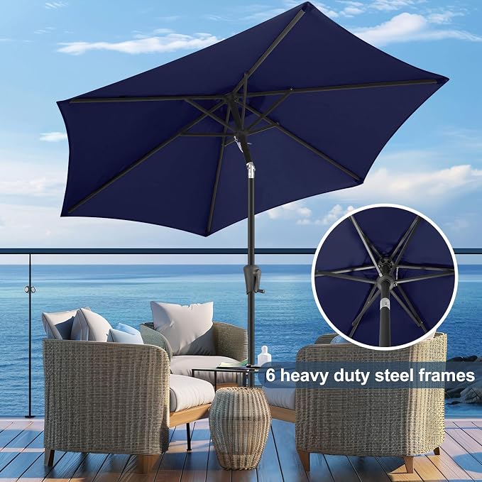 FLAME&SHADE 9ft Patio Umbrella Outdoor - Table Umbrella with Push Button Tilt and Crank, UV Protection, 6 Sturdy Ribs, Market Umbrella for Garden, Deck, Backyard, Lawn, Pool and Beach(Navy Blue)