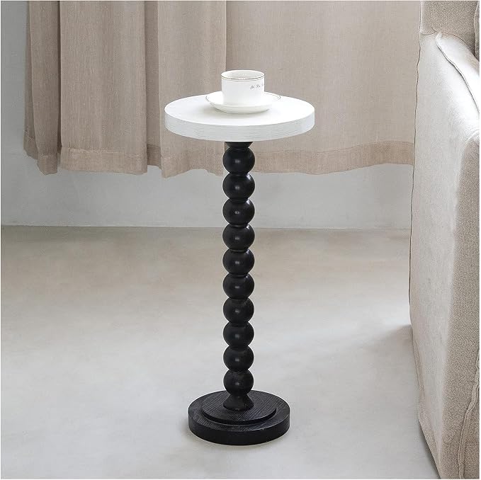 COZAYH Small Pedestal End Table, Living Room Accent Side Table Display Stand, Drink Table with Wood Top & Distressed Metal Spindle Base, White & Black