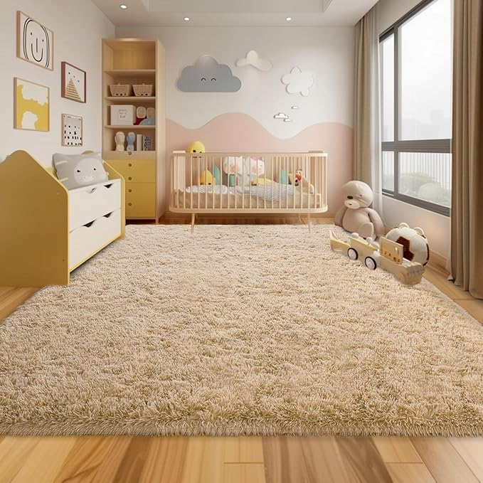 8x10 Large Area Rugs for Living Room, Fluffy Washable Beige | Upgrade Non-slip, 8 x 10 Neutral Big Shag Rug for Bedroom Kids, Modern Shaggy Furry Carpet for Dorm, Flame Resistant