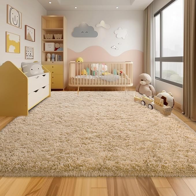 Soft Shag Fluffy Living Room Rug 5x7 Beige Washable | Upgrade Non-slip, 5 x 7 Shaggy Rugs for Bedroom Nursery, High Pile Fuzzy Plush Carpet Girls Kids Room Dorm, Flame Resistant