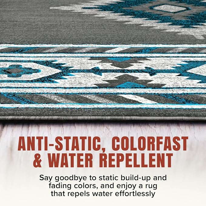 YHSF Southwestern Area Rug - Anti Static & Washable - Graphite, 2 ft x 7 ft | Soft Native American Tribal Floor Rugs for Living Room, Bedroom, Hallways, and More - Easy-to-Clean Home Decors