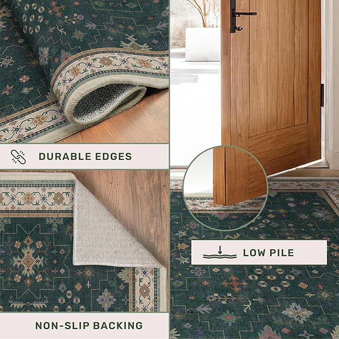 Dark Green 2x8 Non Slip Kitchen Runner Rugs - Modern Vintage Boho Eclectic Floral Pattern, Washable Low Pile Non-Slip 8ft Long Runner Rugs for Hallway, Entrance