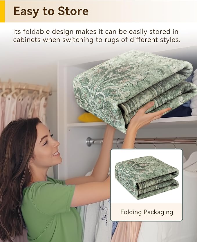 RELEANY Washable Area Rug, 7'x9', Green/Dark Green/Gray | Non-Slip, Water Repellent, Pet Friendly, Easy to Clean, Vintage Floral Boho Decor for Living Room Bedroom Dining Room Office