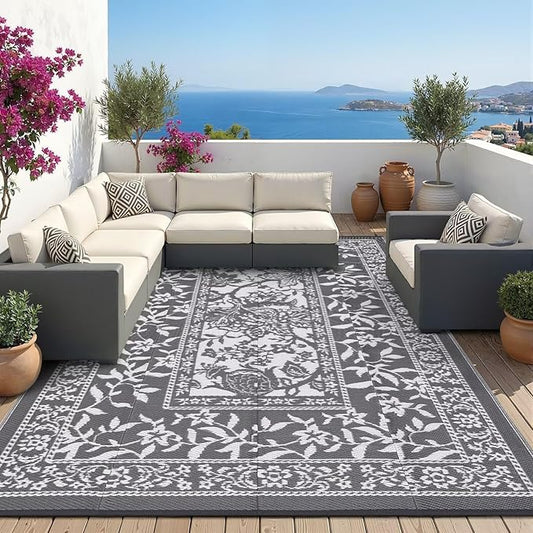 Garvee Outdoor Rug 9x12, Waterproof Reversible Foldable Plastic Straw Rug, Botanical cottagecore Outdoor Rugs Patio Camping RV Carpet for Deck Camper Porch Balcony Backyard Picnic Beach Grey