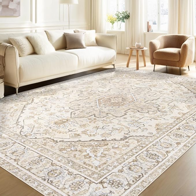 Area Rugs 6x9 Vintage Rug: Washable Living Room Rug Retro Medallion Distressed Large Soft Low Pile Non-Slip Indoor Floor Carpet for Bedroom Kitchen Nursery Dining Table Office (BeigeBrown, 6'x9')